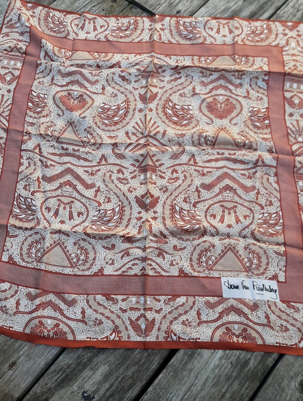 DIANE VON FURSTENBERG Vintage Silk Scarf Rust Brown Tribal Batik Print 30x30
